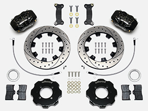 Wilwood Forged Dynalite Big Brake Front Brake Kit (Hat) Parts Laid Out - Black Powder Coat Caliper - SRP Drilled & Slotted Rotor