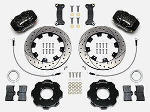 Wilwood Forged Dynalite Big Brake Front Brake Kit (Hat) Parts Laid Out - Black Powder Coat Caliper - SRP Drilled & Slotted Rotor