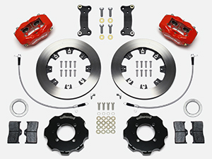 Wilwood Forged Dynalite Big Brake Front Brake Kit (Hat) Parts Laid Out - Red Powder Coat Caliper - Plain Face Rotor