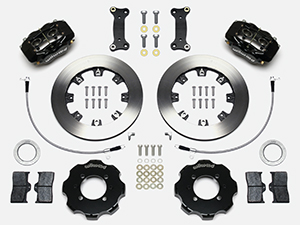 Wilwood Forged Dynalite Big Brake Front Brake Kit (Hat) Parts Laid Out - Black Powder Coat Caliper - Plain Face Rotor