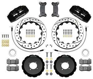 Wilwood Forged Dynapro 6 Big Brake Front Brake Kit (Hat) Parts Laid Out - Black Powder Coat Caliper - SRP Drilled & Slotted Rotor