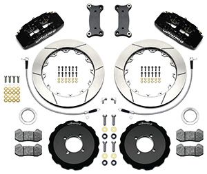 Wilwood Forged Dynapro 6 Big Brake Front Brake Kit (Hat) Parts Laid Out - Black Powder Coat Caliper