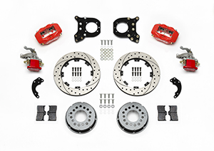 Wilwood Forged Dynalite-MC4 Rear Parking Brake Kit Parts Laid Out - Red Powder Coat Caliper - SRP Drilled & Slotted Rotor