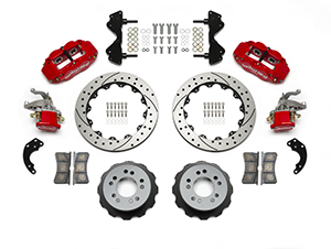 Wilwood Forged Narrow Superlite 4R-MC4 Big Brake Rear Parking Brake Kit Parts Laid Out - Red Powder Coat Caliper - SRP Drilled & Slotted Rotor