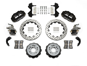 Wilwood Forged Narrow Superlite 4R-MC4 Big Brake Rear Parking Brake Kit Parts Laid Out - Black Powder Coat Caliper - SRP Drilled & Slotted Rotor