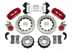 Wilwood AERO4-MC4 Big Brake Rear Parking Brake Kit Parts Laid Out - Red Powder Coat Caliper - SRP Drilled & Slotted Rotor