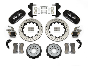 Wilwood AERO4-MC4 Big Brake Rear Parking Brake Kit Parts Laid Out - Black Powder Coat Caliper - SRP Drilled & Slotted Rotor