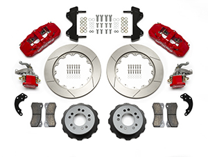 Wilwood AERO4-MC4 Big Brake Rear Parking Brake Kit Parts Laid Out - Red Powder Coat Caliper - GT Slotted Rotor