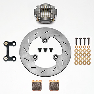 Wilwood Dynapro Single Left Front Sprint Brake Kit Parts Laid Out - Type III Anodize Caliper - Slotted Rotor