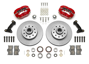 Wilwood Classic Series Dynalite Front Brake Kit Parts Laid Out - Red Powder Coat Caliper - Plain Face Rotor