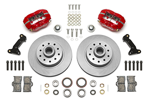 Wilwood Classic Series Dynalite Front Brake Kit Parts Laid Out - Red Powder Coat Caliper - Plain Face Rotor