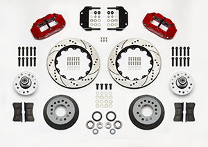 Wilwood Forged Narrow Superlite 6R Big Brake Front Brake Kit (Hub) Parts Laid Out - Red Powder Coat Caliper - SRP Drilled & Slotted Rotor