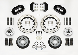 Wilwood Forged Narrow Superlite 6R Big Brake Front Brake Kit (Hub) Parts Laid Out - Black Powder Coat Caliper - SRP Drilled & Slotted Rotor