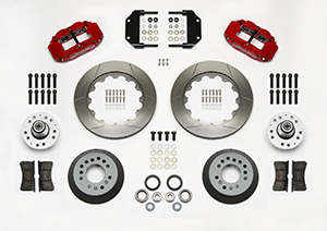 Wilwood Forged Narrow Superlite 6R Big Brake Front Brake Kit (Hub) Parts Laid Out - Red Powder Coat Caliper - GT Slotted Rotor