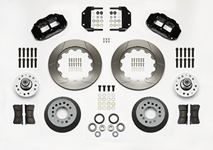 Wilwood Forged Narrow Superlite 6R Big Brake Front Brake Kit (Hub) Parts Laid Out - Black Powder Coat Caliper - GT Slotted Rotor