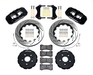Wilwood AERO6 Big Brake Front Brake Kit Parts Laid Out - Black Powder Coat Caliper - SRP Drilled & Slotted Rotor