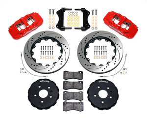 Wilwood AERO6 Big Brake Front Brake Kit Parts Laid Out - Red Powder Coat Caliper - SRP Drilled & Slotted Rotor
