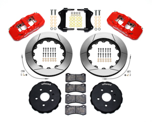 Wilwood AERO6 Big Brake Front Brake Kit Parts Laid Out - Red Powder Coat Caliper - GT Slotted Rotor