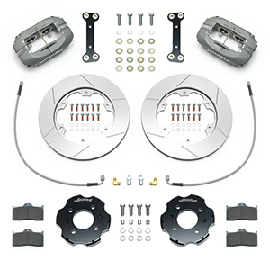 Wilwood Forged Dynalite Big Brake Front Brake Kit (Race) Parts Laid Out - Type III Anodize Caliper - GT Slotted Rotor