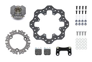 Wilwood Dynapro Single Front Dirt Modified Brake Kit Parts Laid Out - Type III Anodize Caliper - Drilled Rotor