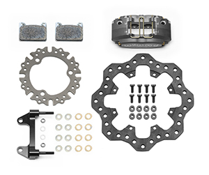 Wilwood Powerlite Front Dirt Modified Brake Kit Parts Laid Out - Type III Ano Caliper - Drilled Rotor