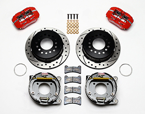 Wilwood Forged Dynapro Low-Profile Rear Parking Brake Kit Parts Laid Out - Red Powder Coat Caliper - SRP Drilled & Slotted Rotor