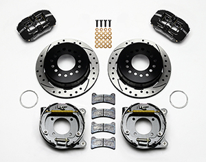 Wilwood Forged Dynapro Low-Profile Rear Parking Brake Kit Parts Laid Out - Black Powder Coat Caliper - SRP Drilled & Slotted Rotor