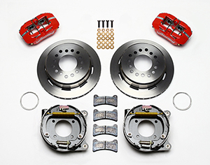 Wilwood Forged Dynapro Low-Profile Rear Parking Brake Kit Parts Laid Out - Red Powder Coat Caliper - Plain Face Rotor