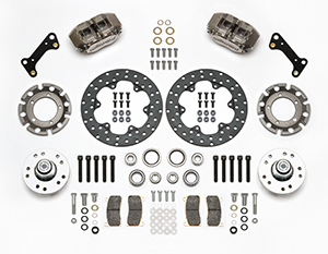 Wilwood Dynapro Lug Mount Front Dynamic Drag Brake Kit Parts Laid Out - Nickel Plate Caliper - Drilled Rotor