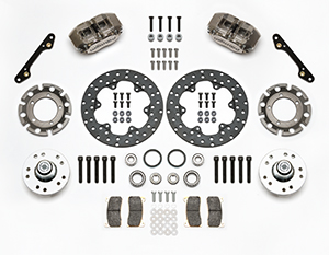 Wilwood Dynapro Lug Mount Front Dynamic Drag Brake Kit Parts Laid Out - Nickel Plate Caliper - Drilled Rotor