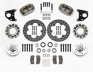 Wilwood Dynapro Lug Mount Front Dynamic Drag Brake Kit Parts Laid Out - Nickel Plate Caliper - Drilled Rotor