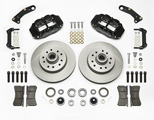 Wilwood Classic Series Forged Narrow Superlite 6R Front Brake Kit Parts Laid Out - Black Powder Coat Caliper - Plain Face Rotor