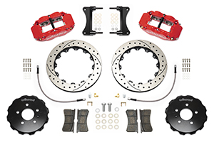 Wilwood Forged Narrow Superlite 6R Big Brake Front Brake Kit (Hat) Parts Laid Out - Red Powder Coat Caliper - SRP Drilled & Slotted Rotor