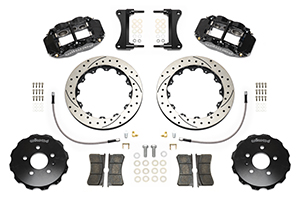 Wilwood Forged Narrow Superlite 6R Big Brake Front Brake Kit (Hat) Parts Laid Out - Black Powder Coat Caliper - SRP Drilled & Slotted Rotor