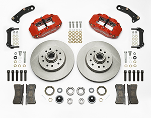 Wilwood Classic Series Forged Narrow Superlite 6R Front Brake Kit Parts Laid Out - Red Powder Coat Caliper - Plain Face Rotor