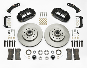 Wilwood Classic Series Forged Narrow Superlite 6R Front Brake Kit Parts Laid Out - Black Powder Coat Caliper - Plain Face Rotor