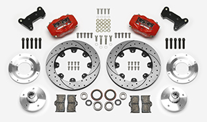 Wilwood Forged Dynalite Big Brake Front Brake Kit (5 x 5 Hub) Parts Laid Out - Red Powder Coat Caliper - SRP Drilled & Slotted Rotor