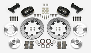 Wilwood Forged Dynalite Big Brake Front Brake Kit (5 x 5 Hub) Parts Laid Out - Black Powder Coat Caliper - SRP Drilled & Slotted Rotor