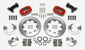 Wilwood Forged Dynalite Big Brake Front Brake Kit (5 x 5 Hub) Parts Laid Out - Red Powder Coat Caliper - Plain Face Rotor