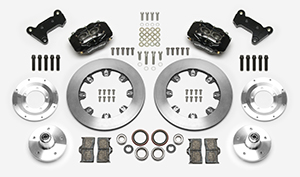 Wilwood Forged Dynalite Big Brake Front Brake Kit (5 x 5 Hub) Parts Laid Out - Black Powder Coat Caliper - Plain Face Rotor