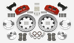 Wilwood Forged Dynapro 6 Big Brake Front Brake Kit (5 x 5 Hub) Parts Laid Out - Red Powder Coat Caliper - SRP Drilled & Slotted Rotor