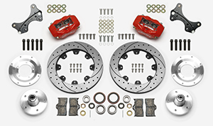 Wilwood Forged Dynalite Big Brake Front Brake Kit (5 x 5 Hub) Parts Laid Out - Red Powder Coat Caliper - SRP Drilled & Slotted Rotor