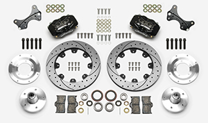 Wilwood Forged Dynalite Big Brake Front Brake Kit (5 x 5 Hub) Parts Laid Out - Black Powder Coat Caliper - SRP Drilled & Slotted Rotor