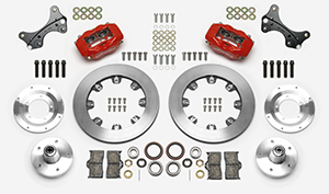 Wilwood Forged Dynalite Big Brake Front Brake Kit (5 x 5 Hub) Parts Laid Out - Red Powder Coat Caliper - Plain Face Rotor