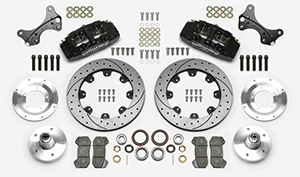 Wilwood Forged Dynapro 6 Big Brake Front Brake Kit (5 x 5 Hub) Parts Laid Out - Black Powder Coat Caliper - SRP Drilled & Slotted Rotor