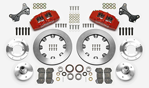 Wilwood Forged Dynapro 6 Big Brake Front Brake Kit (5 x 5 Hub) Parts Laid Out - Red Powder Coat Caliper - Plain Face Rotor