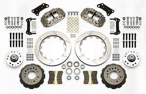 Wilwood Forged Narrow Superlite 6R Big Brake Dynamic Front Brake Kit (Hub) Parts Laid Out - Nickel Plate Caliper - GT Slotted Rotor