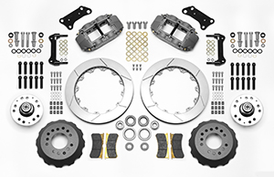 Wilwood Forged Narrow Superlite 6R Big Brake Dynamic Front Brake Kit (Hub) Parts Laid Out - Type III Anodize Caliper - GT Slotted Rotor