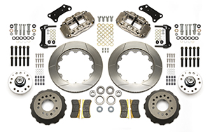 Wilwood Forged Narrow Superlite 6R Big Brake Dynamic Front Brake Kit (Hub) Parts Laid Out - Nickel Plate Caliper - GT Slotted Rotor