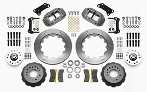 Wilwood Forged Narrow Superlite 6R Big Brake Dynamic Front Brake Kit (Hub) Parts Laid Out - Type III Anodize Caliper - GT Slotted Rotor